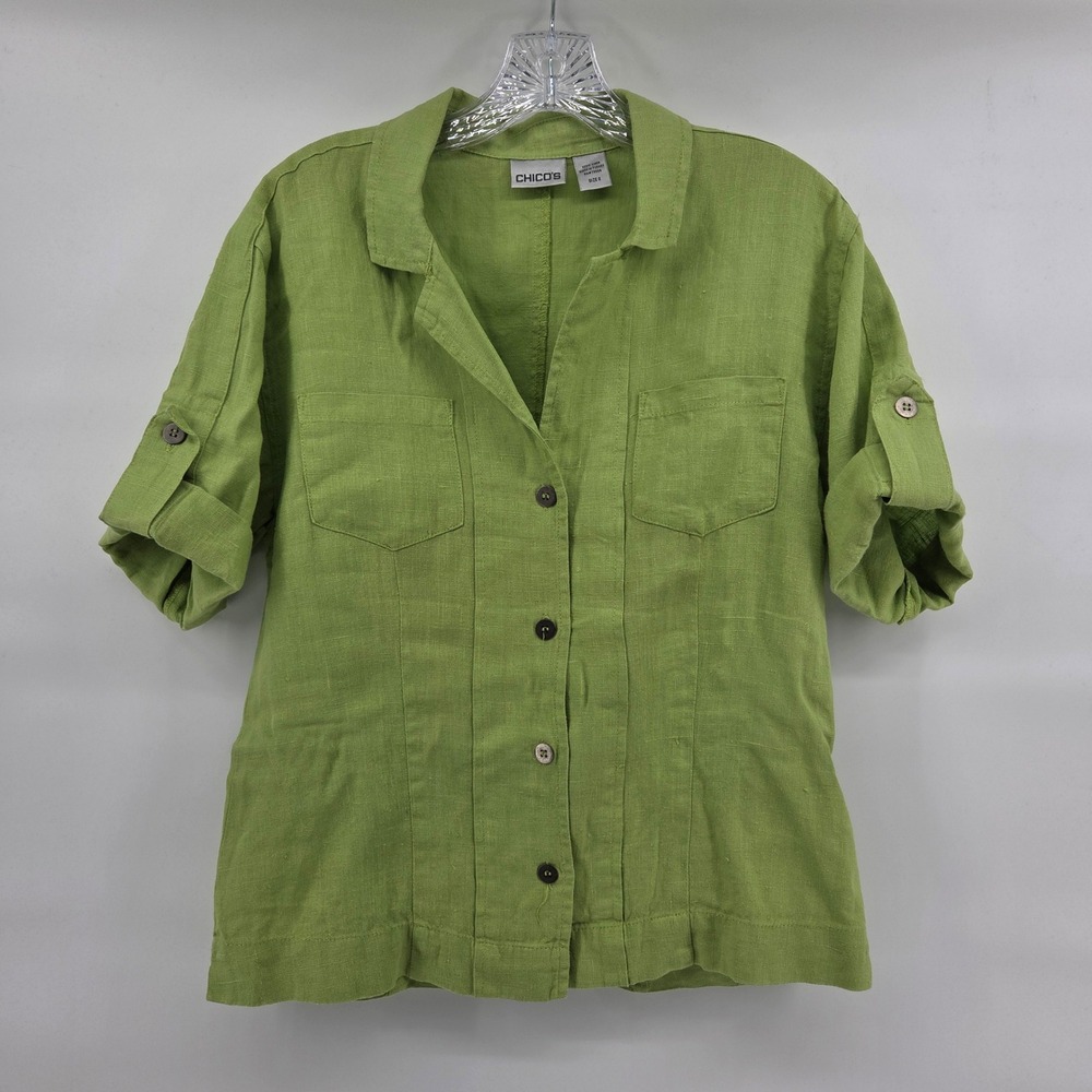 Chico's Linen Button Down Shirt Size 0 Small Green Short Sleeve Safari Eclectic